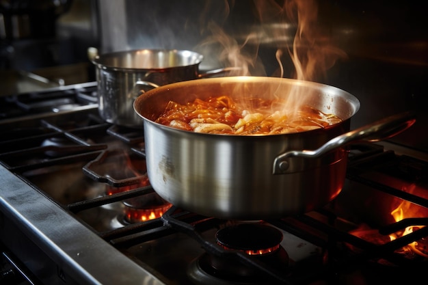 Steaming pot on stove with sauce simmering