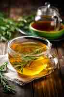 Photo steaming rosemary tea with leaves