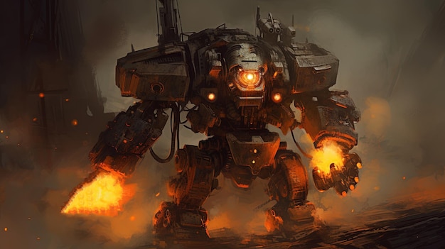 Steampowered mech with a flamethrower Fantasy concept Illustration painting Generative AI