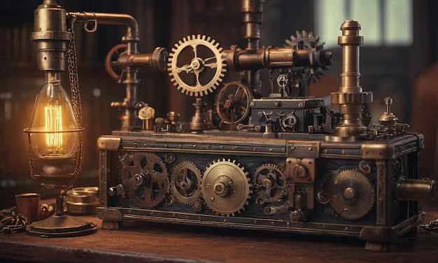 Foto steampunk achtergrond mechanismen tandwielen gloeilampen en klokken hoogwaardige illustratie