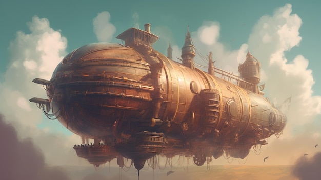 Steampunk airship in the clouds Fantasy concept Illustration painting Generative AI