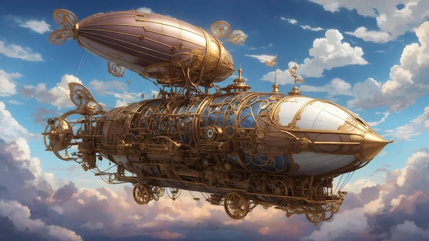 A steampunk airship flies above in sky