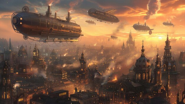 Steampunk Airships in a Sunset Sky Resplendent