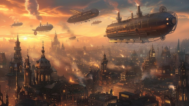 Steampunk airships in a sunset sky resplendent