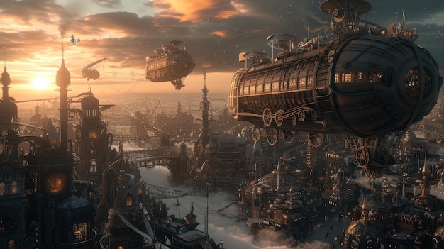 Steampunk airships in a sunset sky resplendent