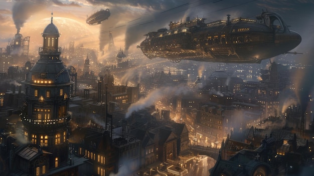 Steampunk airships over a victorian cityscape resplendent