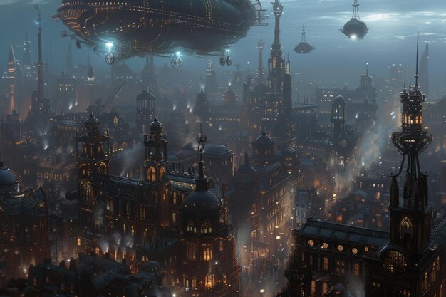 Photo steampunk airships over a victorian cityscape resplendent