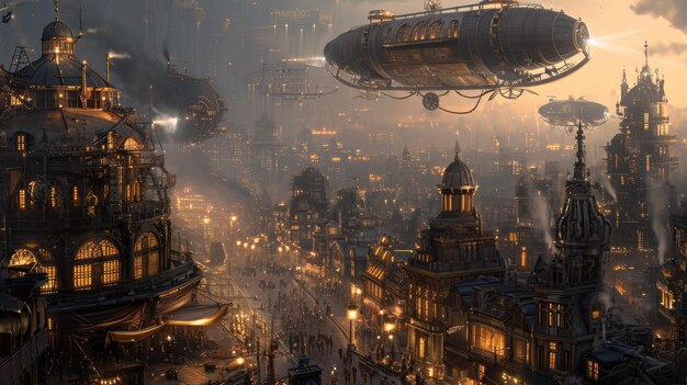 Steampunk airships over a victorian cityscape resplendent