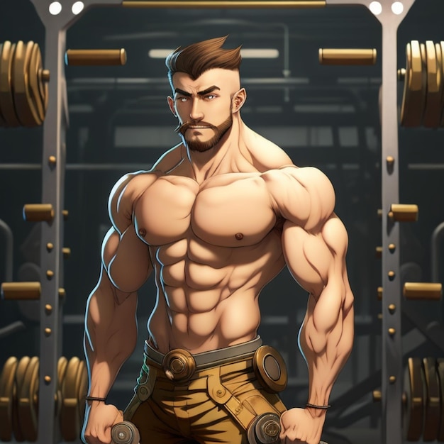 Steampunk anime style retro rustic gym guy abs visible