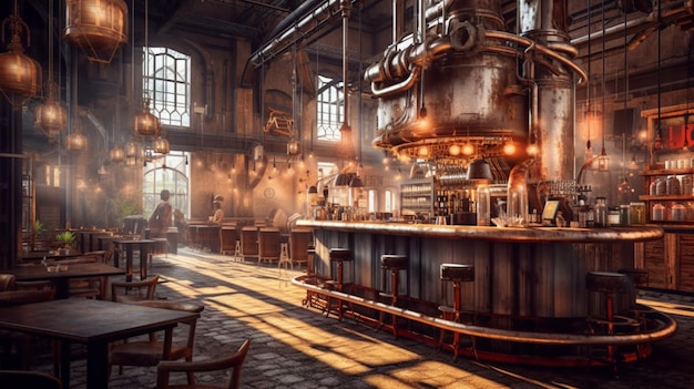 A steampunk bar with a man sitting at the bar.