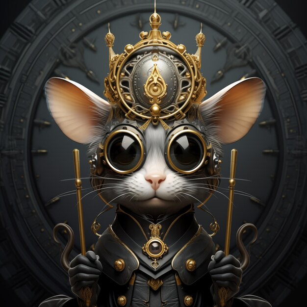 steampunk black mouse in a crown pincenez in the palace Retro style 2d game art gamestyle