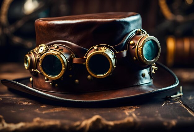 Foto steampunk bril op donkere lederen hoed