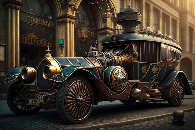 Steampunk car in city