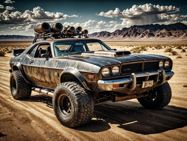 A steampunk car in the desert