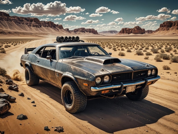 A steampunk car in the desert