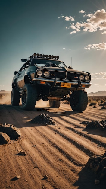 A steampunk car in the desert