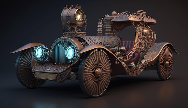 A steampunk car with a large number of lights on the front.