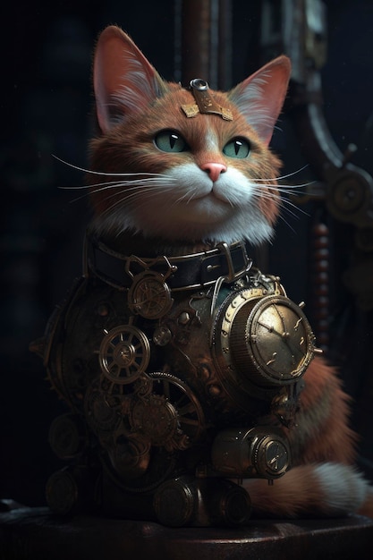 Steampunk 고양이 3d 렌더링 옥탄 렌더링 Ai 생성