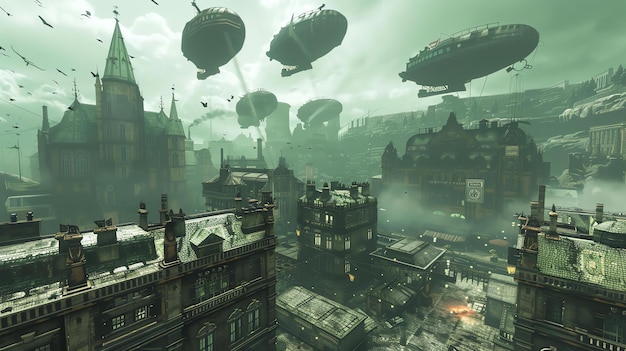 A steampunk city with airships flying overhead The city is full of tall buildings and factories and there is a lot of smoke in the air