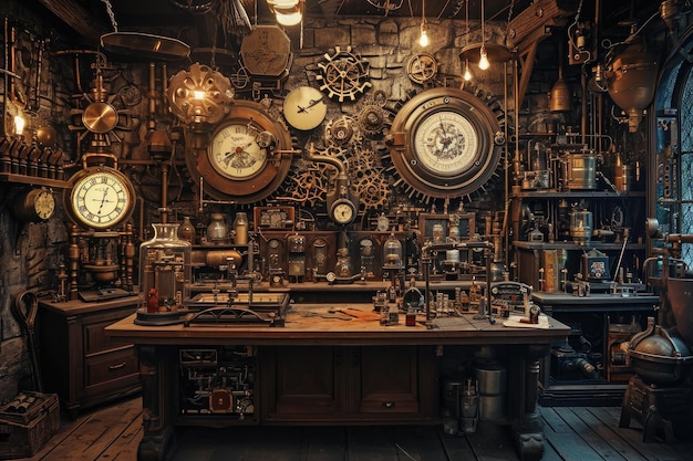 Лаборатория часовых механизмов Steampunk, заполненная латуней и шестернями в мастерской сумасшедших ученых, где паровые приспособления и фантастические изобретения