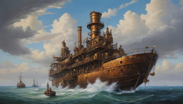 Steampunk Coastal Explorer Industrial Steampunk Oil Sea Painting