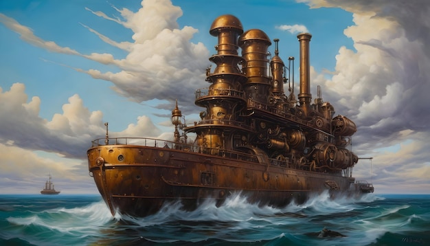 Steampunk Coastal Explorer Industrial Steampunk Oil Sea Painting