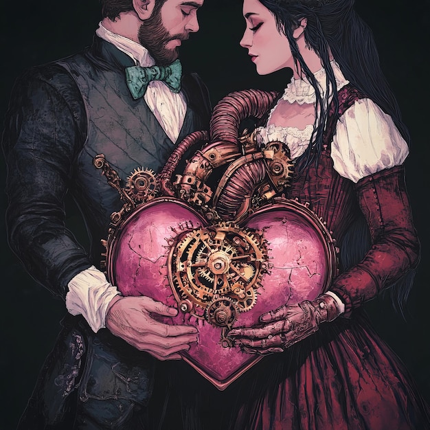 a steampunk couple holding a mechanical heart symbolizing love and machinery