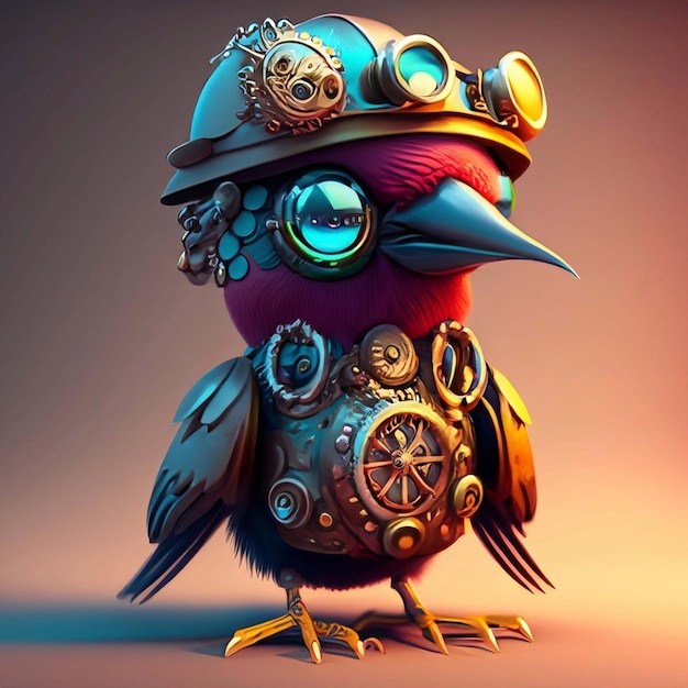 A steampunk cute bird created with generative AI technology