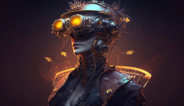 Steampunk cyborg wearing vr helmet on dark background Virtual simulation and metaverse concept Retro player character in computer game interface Created with generative AI