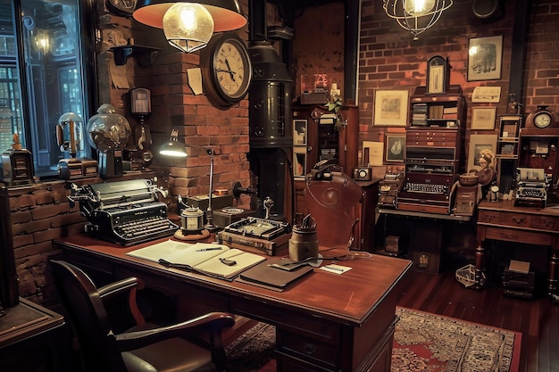 Офис детектива, украшенный газовыми лампами и старыми пишущими машинами, где на полках расположены сложные приспособления и латуневые приборы.