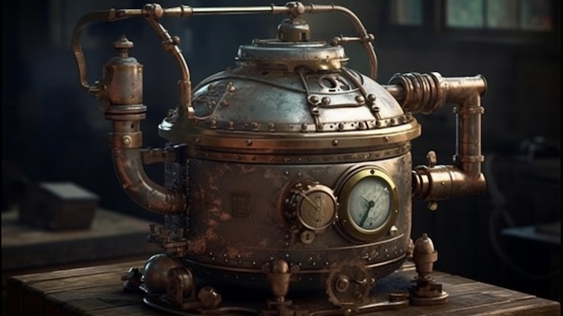 A steampunk device with a clock on it