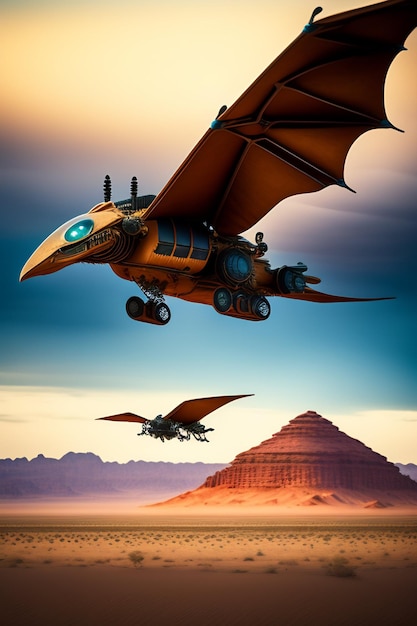 A steampunk dinosaur flying over a desert