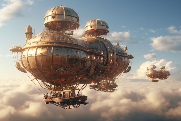 Steampunk dirigibles die hartvormige wolken vrijlaten 00102 03