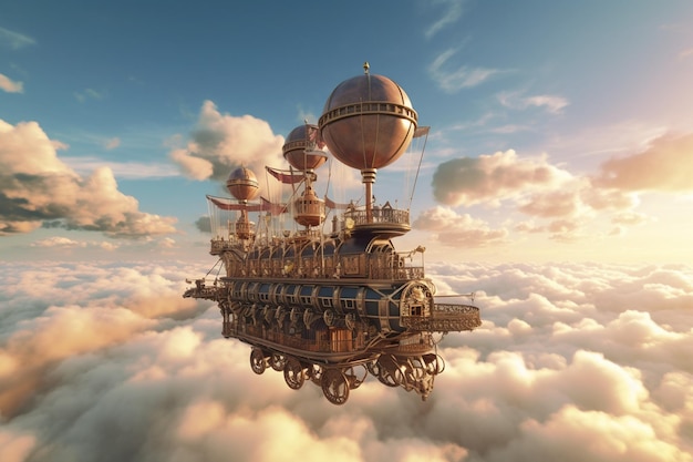 Steampunk dirigibles releasing heartshaped clouds 00102 01