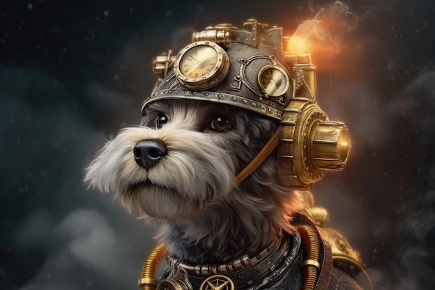 Steampunk Dog On Smoky Grey Background Generative AI