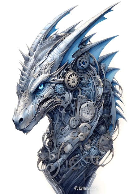 A steampunk dragon with a blue face and gears on it.