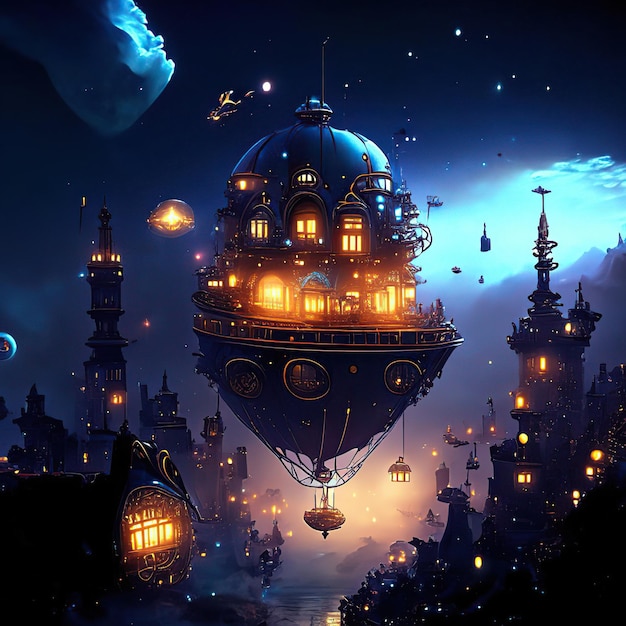 Steampunk drijvende stad zwevend in de lucht met gebouwen die met verlichting in de lucht hangen