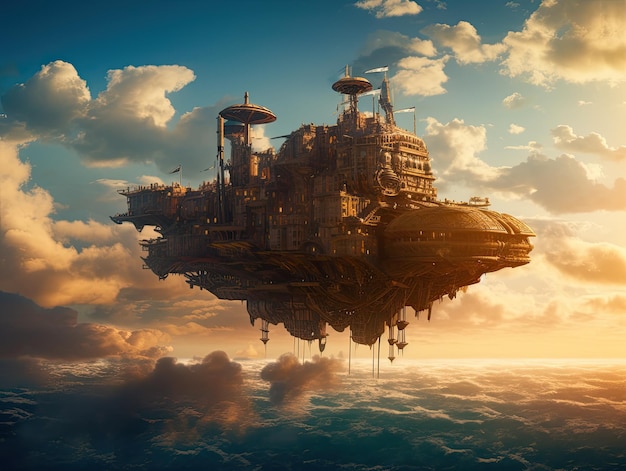 Steampunk fantasie illustratie kunst landschap pastel vierkante wolken levitatie spelscène futuristisch