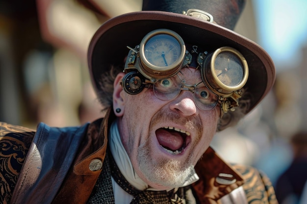 Steampunk-feestvreugde Extatische gezichten tijdens een 19e-eeuwse Steampunk-bijeenkomst