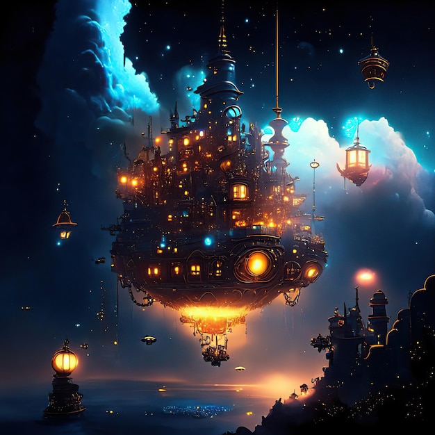 Steampunk floating city floating in the sky with buildings suspended in the air with lights