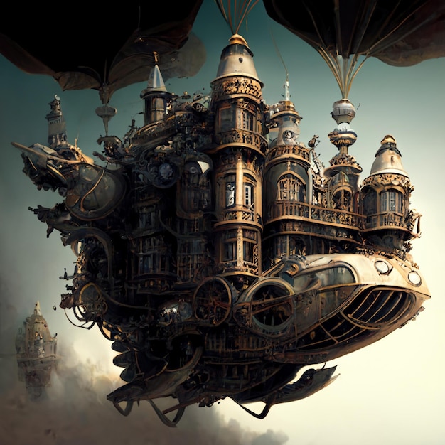 Steampunk flying city generative ai