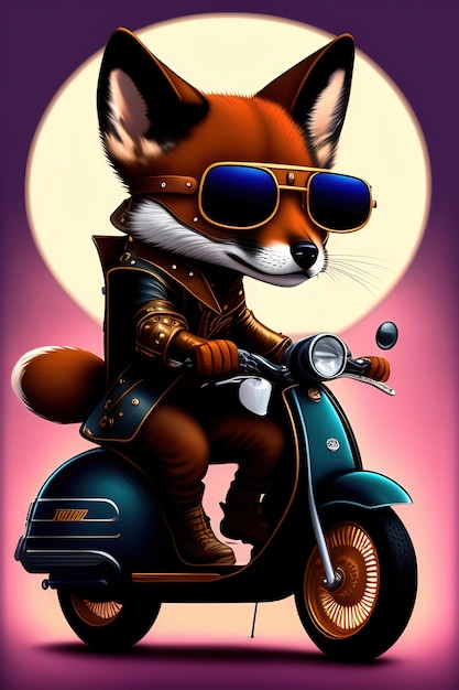 A steampunk fox fursona with boots sitting on a Vespa moped with sunglasses