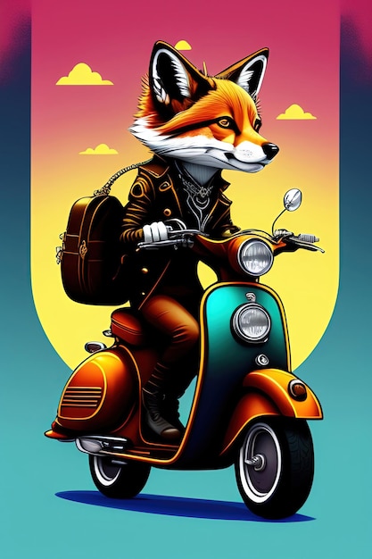 A steampunk fox fursona with boots sitting on a Vespa moped with sunglasses