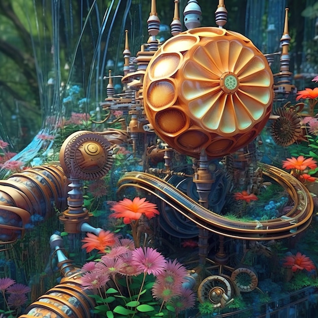 Steampunk gasoline engine inside fantasy garden