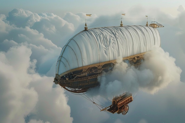 Foto steampunk-geïnspireerd luchtschip vliegt door de clou