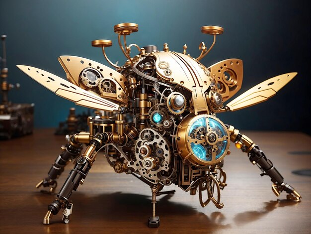 Steampunk geïnspireerde bug robot met tandwielen tandwielen en buizen ingewikkeld in zijn ontwerp ai gegenereerd