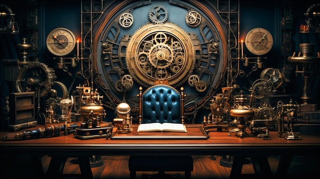 Steampunk-geïnspireerde werkruimte met tandwielen en vintage technologie