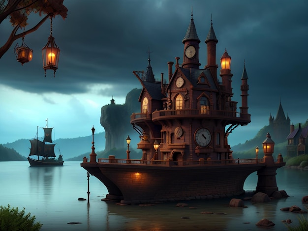 Steampunk Gothic Lake View achtergrond 3D-rendering van realistische afbeelding