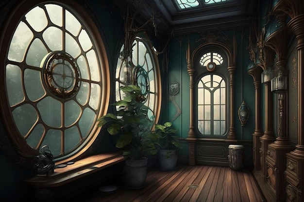 Steampunk interior design fantasy retro hall in a Victorian house with big windows Generative AI