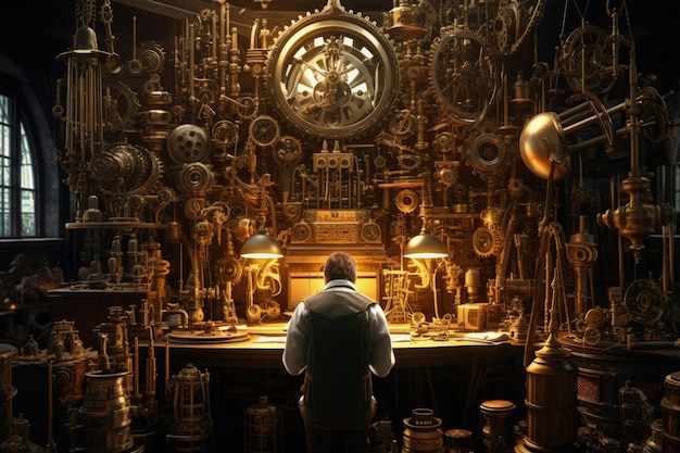 Steampunk Inventor's Workshop с гаджетами и генеративным искусственным интеллектом